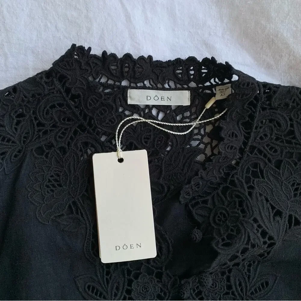 NWT Doen Roselie Linen Lace Crochet Collar 3/4 Sleeve Tunic Mini Dress Black - Picture 11 of 16